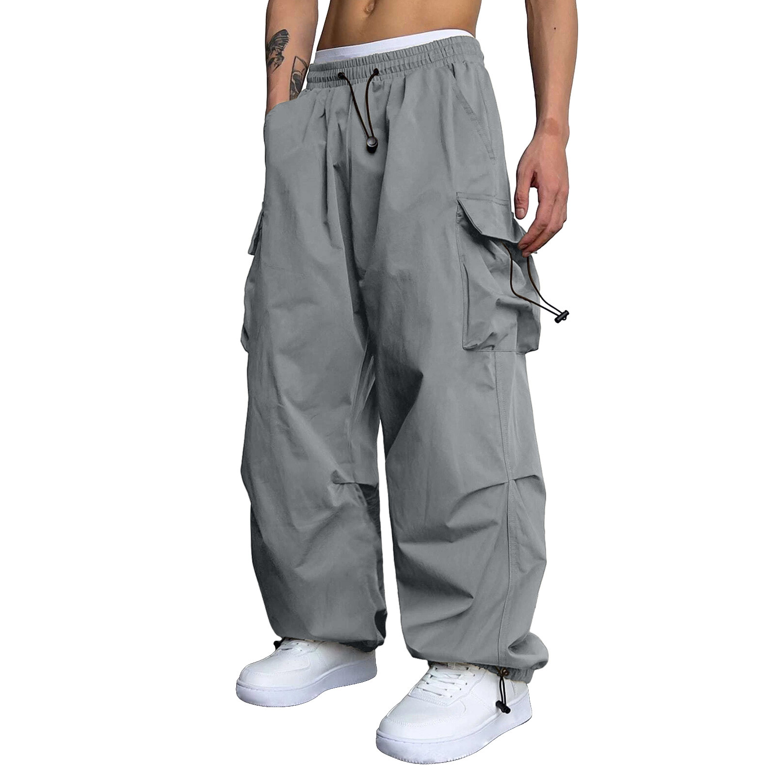 thumbnail image 2 of Pantalones cargo deportivos de cintura informal para hombre - Bolsillo tejido con cordón - Ropa urbana para todas las estaciones, 2 of 8